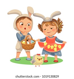 little girl smile holding in her dress chickens, baby in apron with rabbit ears headband, happy boy easter bunny mask for costume holding basket for hunting eggs vector illustration isolated on white