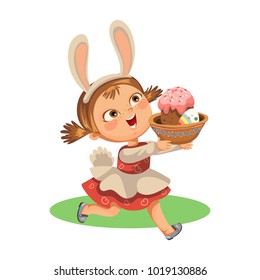 Little girl smile running hunting decorative chocolate egg in easter bunny costume ears and tail vector illustration, spring holiday fun isolated on white, baby run with paschal basket for eggs hunter