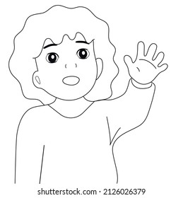 The little girl smiles and waves her hand. good mood. Vector black and white illustration