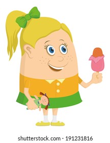 Little girl smiling and keeping doll in one hand and ice cream in another, funny cartoon character, isolated. Vector