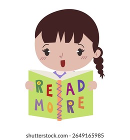 A little girl smiling and reading a book fun back to school vector illustration