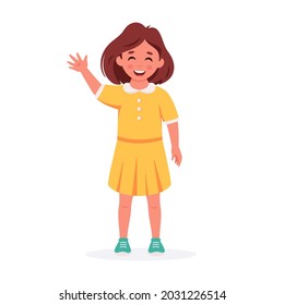 Little girl smiling and waving hand. Greeting gesture. Elementary school student. Vector illustration