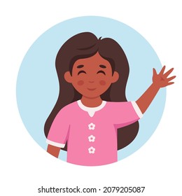 Little girl smiling and waving hand. Little girl portrait in circular shape. Elementary school student. Vector illustration