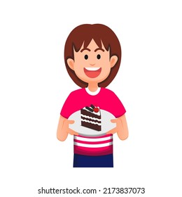 little girl smiling while holding a black forest cake