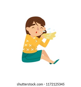 Little girl with sneezing. Symptom of allergy or influenza. Sick child holding handkerchief in hands. Flat vector design