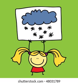 little girl and snow sign cute kid friendship snow winter child human fun cloud teen baby blue clouds dancing tiny young youth smiling girls infancy sunburst shine satisfaction grin caricature paintin