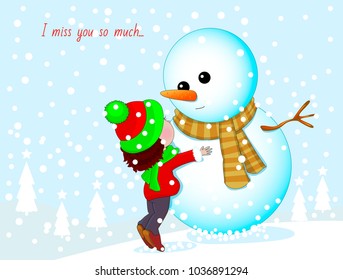 Little girl and snowman. Baby hugging a snowman.                                                                                                                                                 