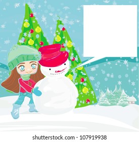 Little girl and snowman card