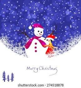 Little girl with snowman- Christmas greeting card -Vector illustration