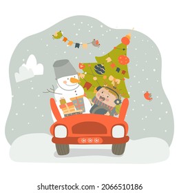 A little girl and a snowman go by car to celebrate Christmas. Friends are carrying a Christmas tree and presents. Vector illustration on white background in cartoon style. Hand drawing. For print.