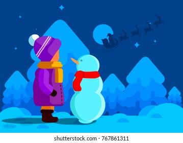 Little girl and snowman in the night forest, merry christmas.
