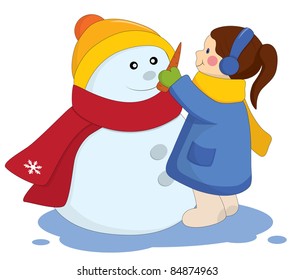 Little girl with snowman. Vector illustration