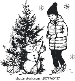 little girl and snowman vector. snowman waving his hand. gift box under the tree. vector. sketch. hand drawing. eps	