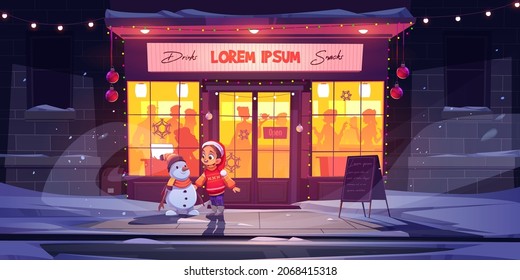 Little girl and snowman at winter bar facade, Christmas eve scene with child wearing santa hat at night cafe exterior with people celebrating inside, xmas decor and lights, Cartoon vector illustration