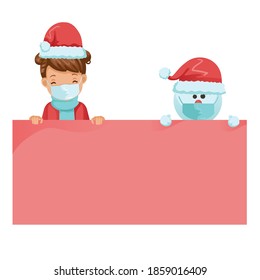 Little girl and snowman in winter wearing a christmas hat and carrying a blank label. Kids mask for prevent the spread COVID-19 in 2020. Enter the New Year 2021.