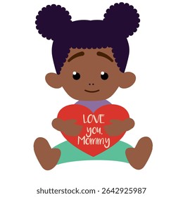 Little girl with space buns holding heart that says Love you, mommy
