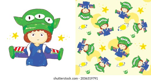 little girl in the space seamless patterns  illustration vector 