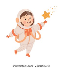 Little girl in spacesuit flying in outer space cartoon vector illustration