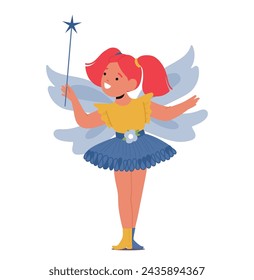 Little Girl Sparkles With Enchantment, Adorned In Magical Fairy Costume, Her Eyes Gleaming With Innocence, As Delicate Wings Flutter Behind Her, Casting A Whimsical Spell. Cartoon Vector Illustration