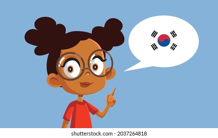 Little Girl Speaking Korean Vector Illustration. Cute primary student learning new foreign language at school

