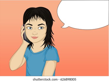 Little girl speaks on mobile and smiling. The child brought the phone to your ear and listens attentively. Vector illustration on white background. Thought bubbles
