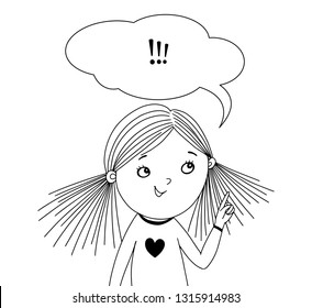 Little girl with a speech bubble. Black and white illustration for coloring book. Vector outline illustration