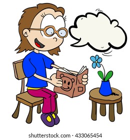 little girl with speech bubble reading a book
