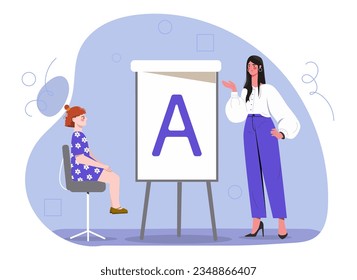 Little girl at speech therapy concept. Speech therapist teaches child to pronounce letters. Education and training. Doctor with patient. Communication and interaction. Cartoon flat vector illustration