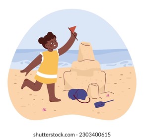 Little girl spending time on the beach. Happy child playing and building a sand castle. Summer time vacation. Family activities and entertainment. Flat vector illustration