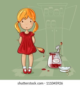 Little girl with spoon near the jam jar and mouse in cartoon style