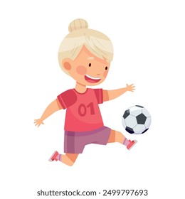 Little Girl in Sports Shirt and Shorts Playing Football Kicking Ball with His Foot Vector Illustration