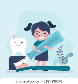 Little girl squeezes paste onto toothbrush. Child shows and explains how to properly brush teeth. Smiling schoolgirl holding toothpaste. Oral hygiene and dental care. Trendy flat vector illustration