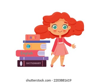 Little girl with stack of books, Education Concept. Modern flat vector illustration horizontal.