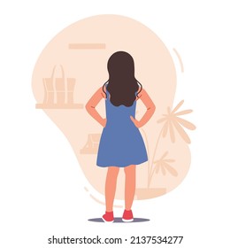 Little Girl Stand with Arms Akimbo front of Apparel Store Shelves Choose Clothes or Accessories. Female Child Character Shopping, Choose Apparel in Boutique Mall. Cartoon People Vector Illustration