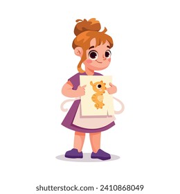 Little Girl Stand with Drawing on Paper Have Creative Pursuit Enjoy Recreation Vector Illustration