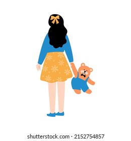 Little girl standing back to viewer and holding in her hand a toy. Person from behind. Vector flat illustration with kid