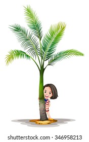 Little girl standing behind palm tree illustration