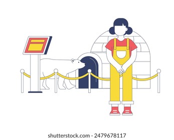 Little girl standing beside polar bear statue and igloo, at museum exhibition. Character design. Vector flat illustration