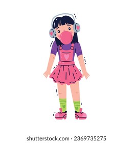 Little Girl Standing Blowing Bubble Gum Vector Illustration