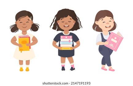 Little Girl Standing with Books Enjoying Reading Vector Set