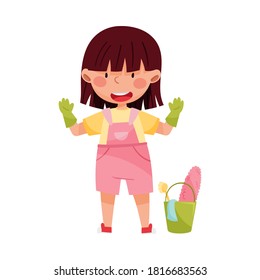 Little Girl Standing with Bucket and Clean-up Tools Vector Illustration