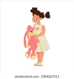 Little Girl Standing with Bunny and Listening to Fairytale Vector Illustration