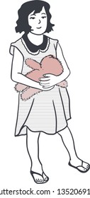 A little girl is standing carrying her pink teddy bear wearing a dress and a slipper.