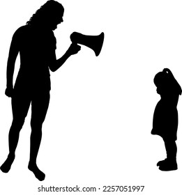 A little girl standing crying and her mother shouting at her into the loudspeaker. Vector Silhouette. Concept of child abuse and bullying