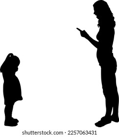 A little girl is standing crying and mom is yelling at her. Vector Silhouette. Concept of child abuse and bullying