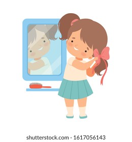 Little Girl Standing in Front of the Mirror Braiding Her Hair Vector Illustration