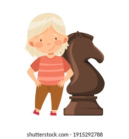 Little Girl Standing with Giant Black Knight Chess Piece or Chessman Vector Illustration