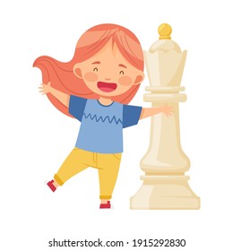 Little Girl Standing with Giant White Queen Chess Piece or Chessman Vector Illustration