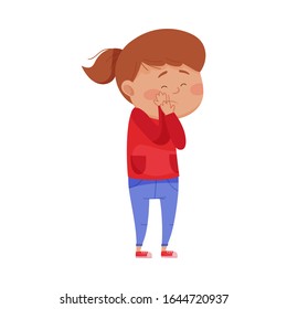 Little Girl Standing with Her Hands on Her Cheek Because of Pain Vector Illustration