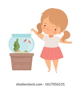 Little Girl Standing Near Fish Bowl And Feeding Fish Vector Illustration